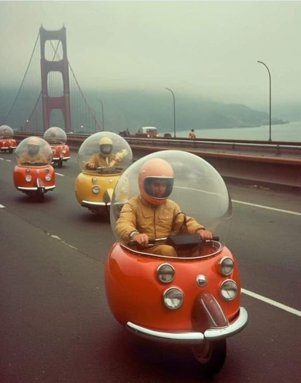 A retro-futuristic scene of riders in bubble-domed scooters crossing a foggy suspension bridge